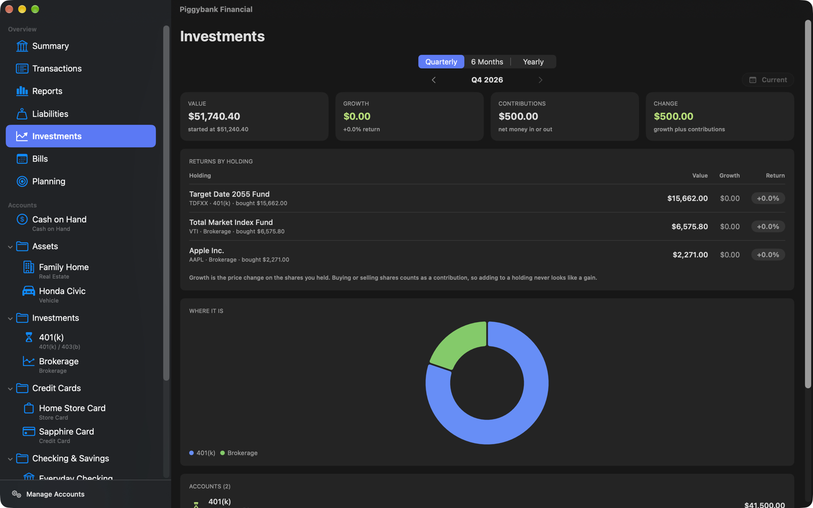 The Investments page showing returns by holding