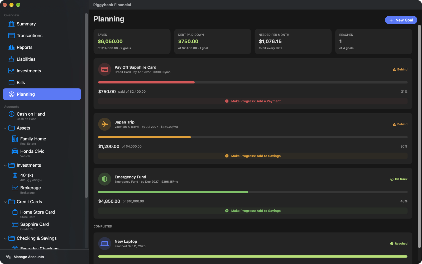 The Planning page with goals