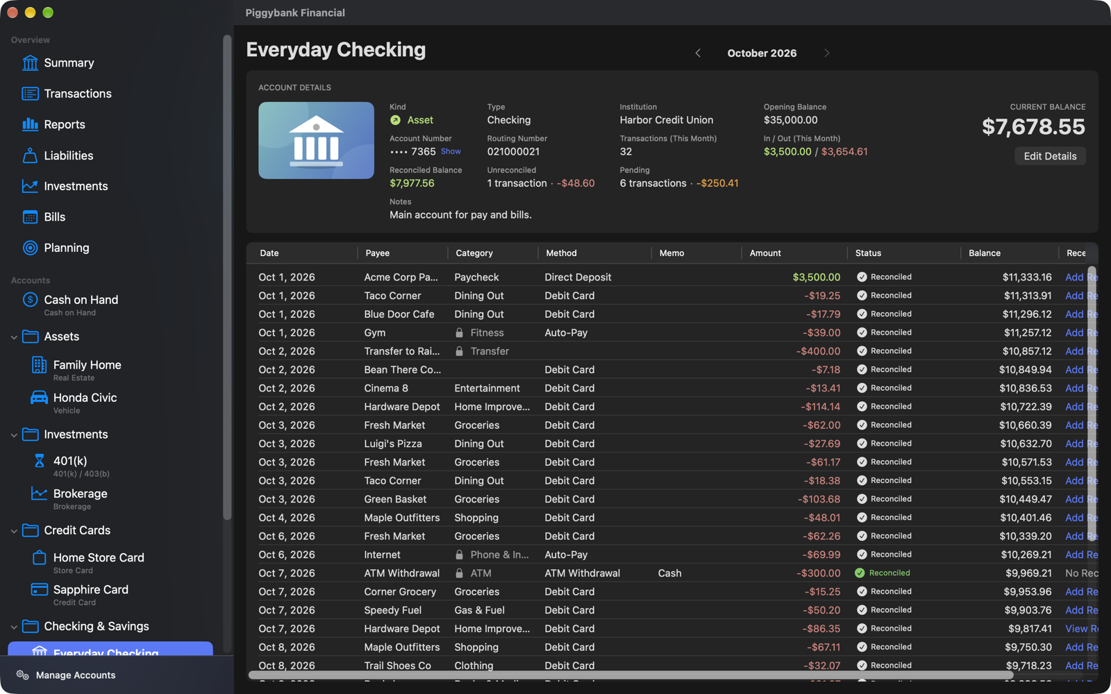 A checking account register with a running balance